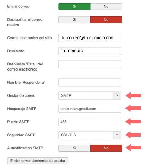 configurar correo smtp en joomla